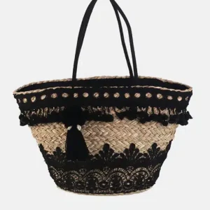 KBAS Cesta grande de seagrass entrançado com decoração de renda preta