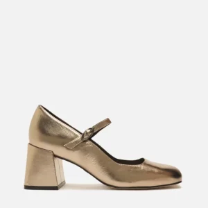 AREZZO Sapato Boneca Dourado Couro Salto Bloco Tira Fivela