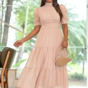 Vestido Midi Crepe com Fios Dourados & Pérolas