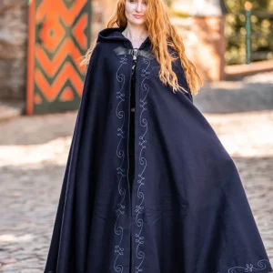 Geborduurde mantel Damia met sluiting, wolmix, blauw